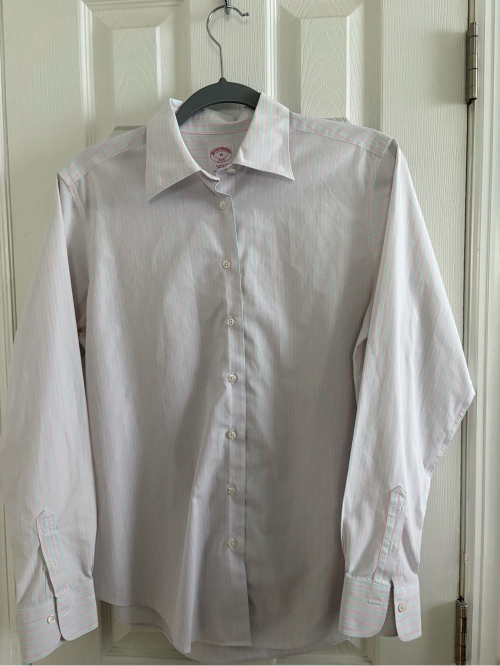 Brooks Brothers White Shirt with Pink and Gray  Pinstripes Button-Down